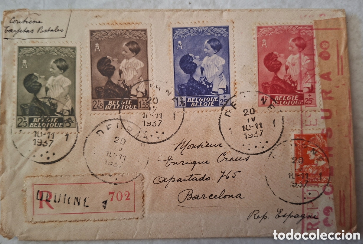 Sellos: B&eacute;lgica carta y tarjeta postal a Barcelona censura 1937