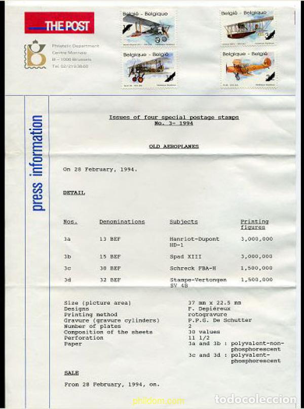 Sellos: 201922 MNH BELGICA 1994 PIONEROS DE LA AVIACION