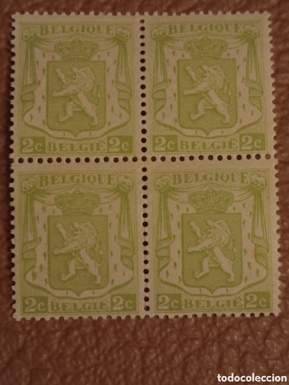 Sellos: Bloque de 4 B&eacute;lgica 2c Le&oacute;n Her&aacute;ldico Cifra de 1905-1914 MNH (Yvert 83 / Scott 93)