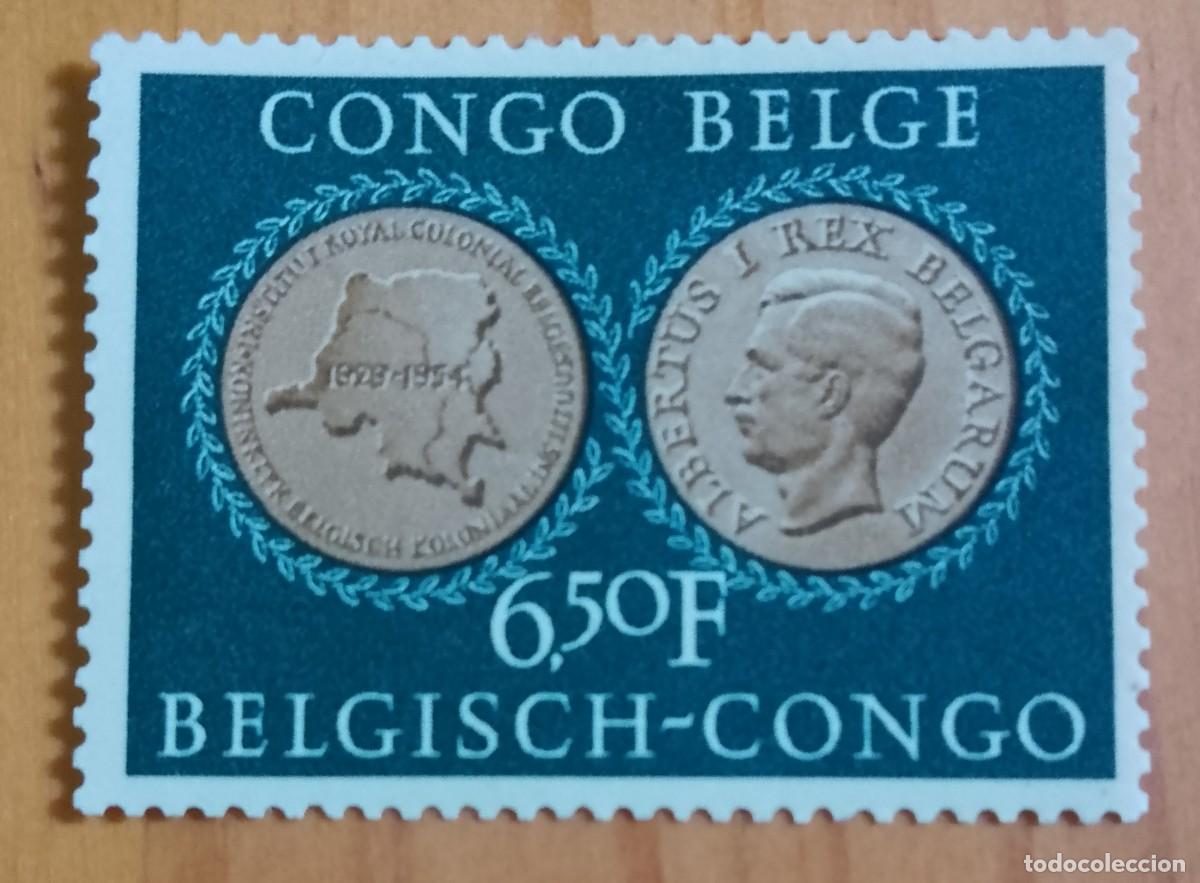 Sellos: CONGO BELGA - V/F 6,50 F - MONEDA DE ALVERTO I, REY DE B&Eacute;LGICA