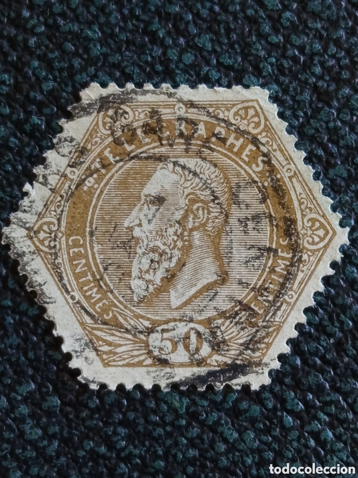 Sellos: B&eacute;lgica 1871 Sello de Tel&eacute;grafos 50 C&eacute;ntimos Leopoldo II Yvert T5 Usado