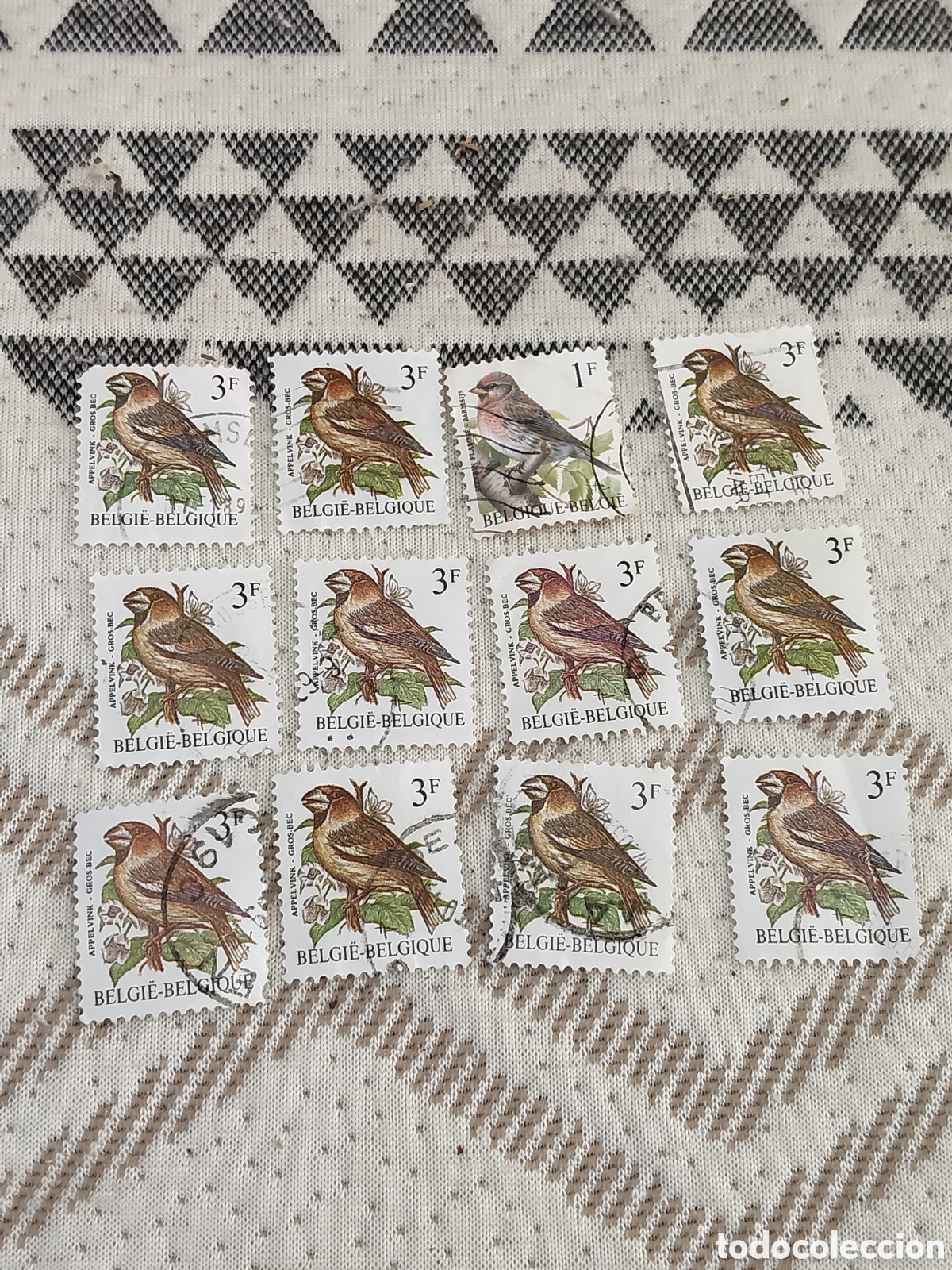 Sellos: 12 sellos de B&eacute;lgica serie Aves Picogordo 1985
