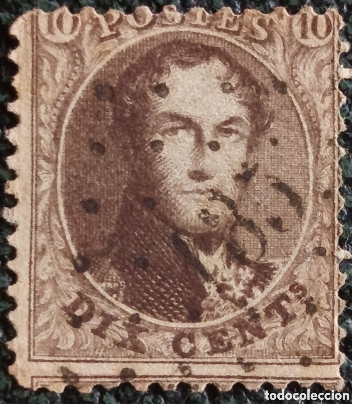 Sellos: Sello B&eacute;lgica 1865 Rey Leopoldo I 10c Casta&ntilde;o Usado OBP 13 Scott 17