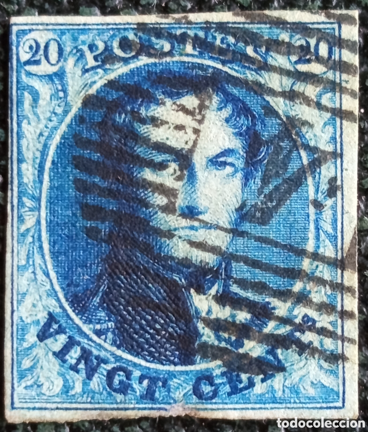 Sellos: Sello B&eacute;lgica 1849 Epaulettes 20c Azul Usado OBP 1 Scott 1