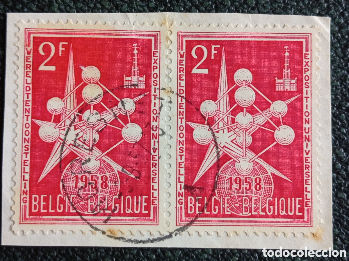 Sellos: Pareja B&eacute;lgica 1957 Exposici&oacute;n Bruselas Atomium 2F Usada OBP 1056 Used