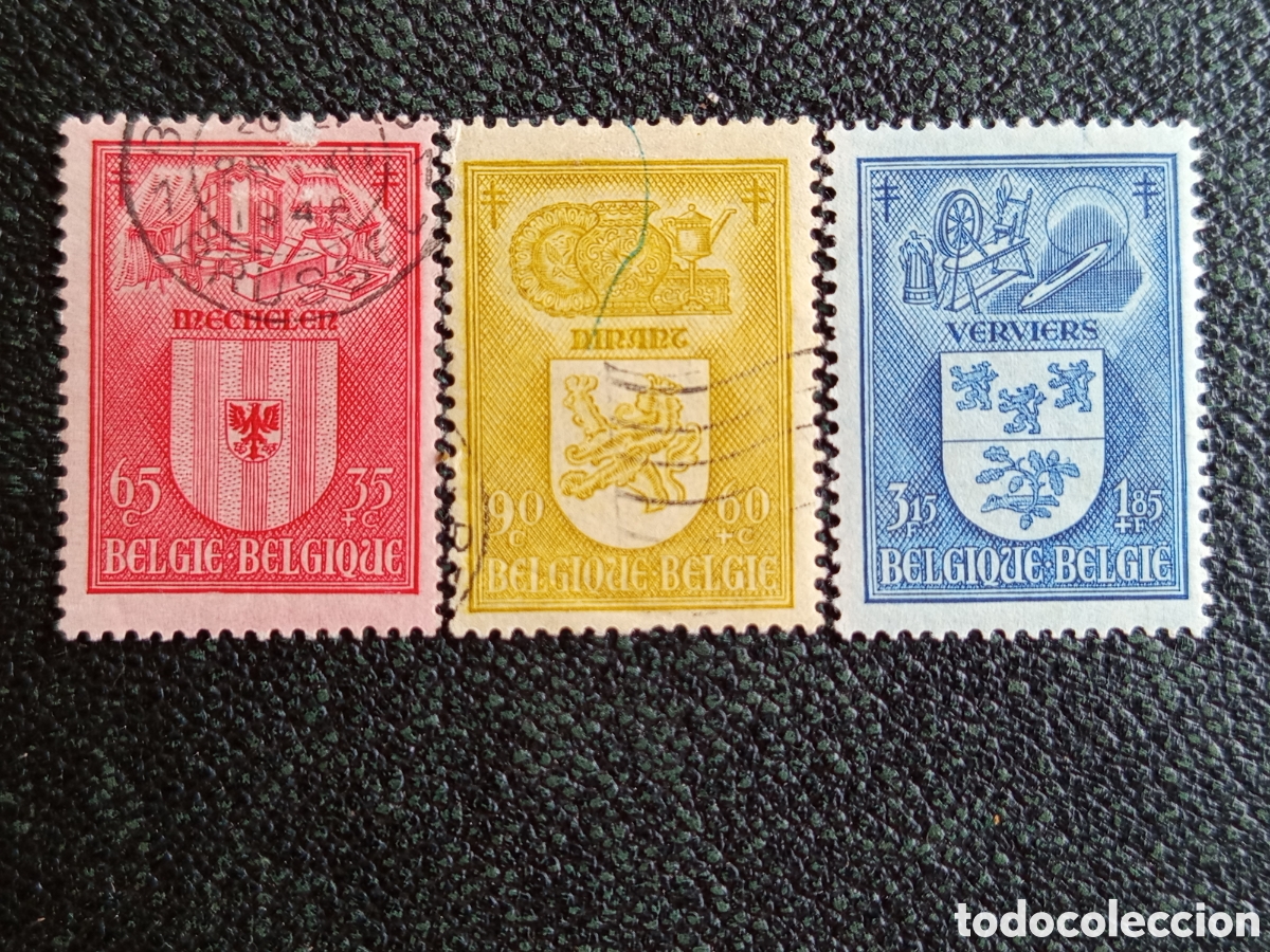 Sellos: Lote B&eacute;lgica 1932 Escudos Mechelen Dinant Verviers OBP 353-355