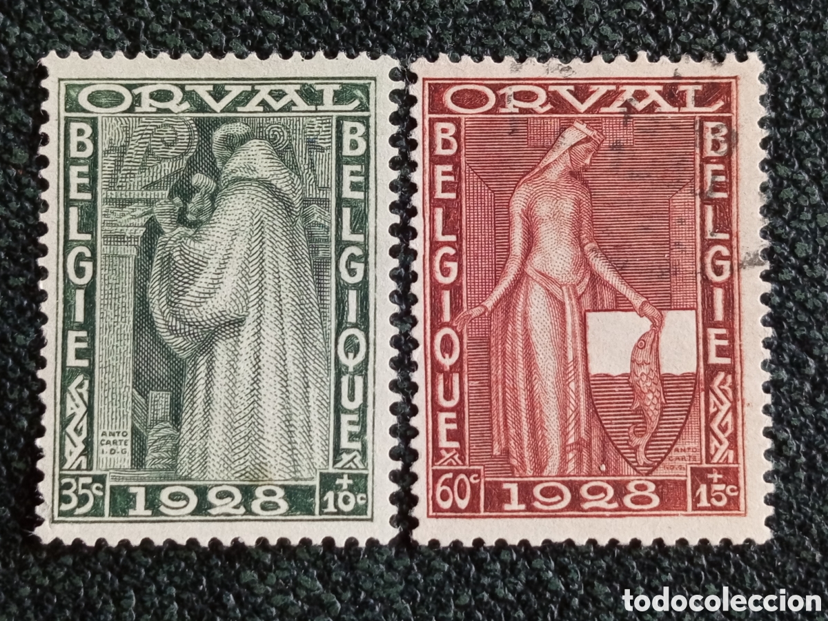Sellos: Pareja B&eacute;lgica 1928 Abad&iacute;a Orval Bernard Mathilde OBP 258-259 MH y usado