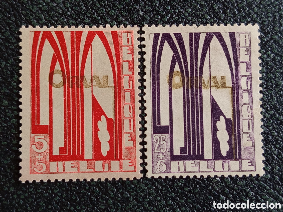 Sellos: Pareja B&eacute;lgica 1933 Abad&iacute;a Orval Arcadas 5c 25c Sobretasa OBP 363-364 MH