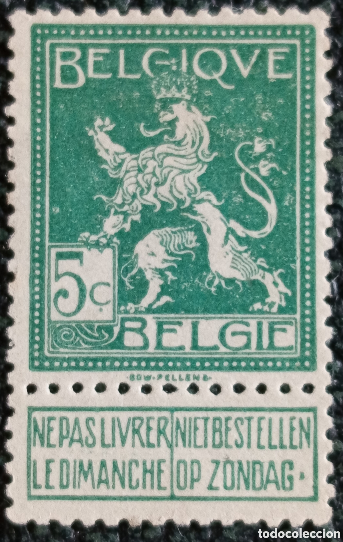 Sellos: Sello B&eacute;lgica 1912 Le&oacute;n Her&aacute;ldico 5c Verde Banderola Dominical OBP 107