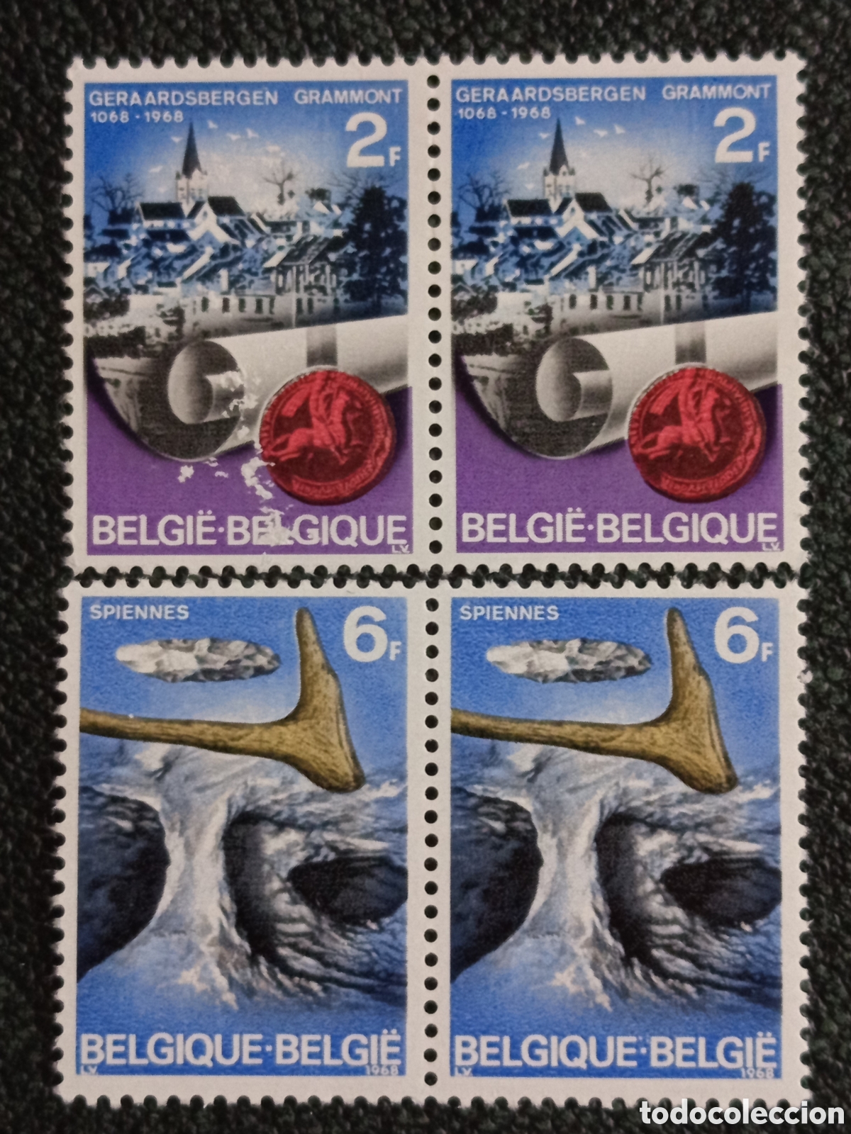 Sellos: B&eacute;lgica 1968 Culturales Grammont y Spiennes (Bloque 4) - Yvert #1474-1475