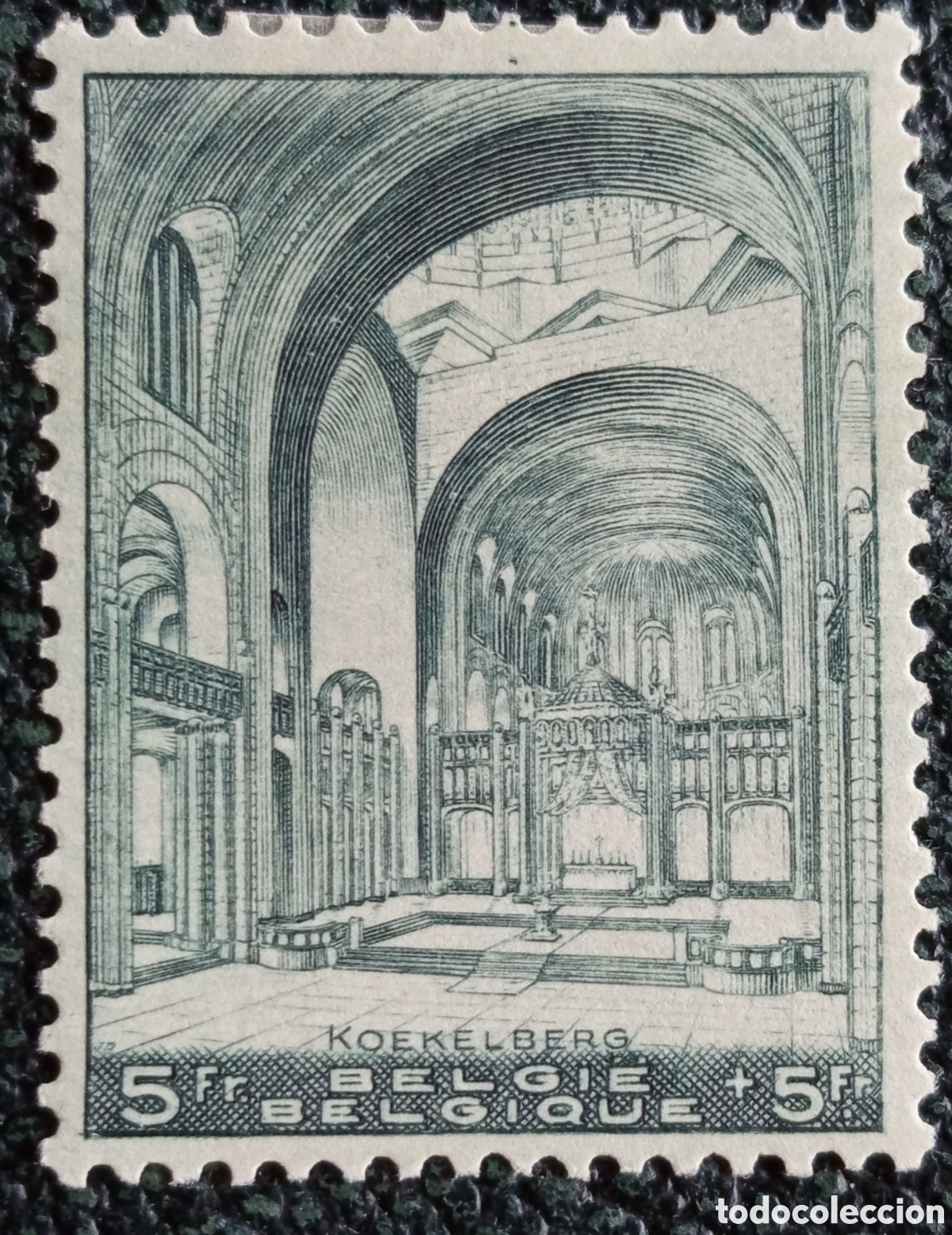 Sellos: B&eacute;lgica 1938 Bas&iacute;lica de Koekelberg 5F + 5F Verde - COB #487 / Michel #486 MH