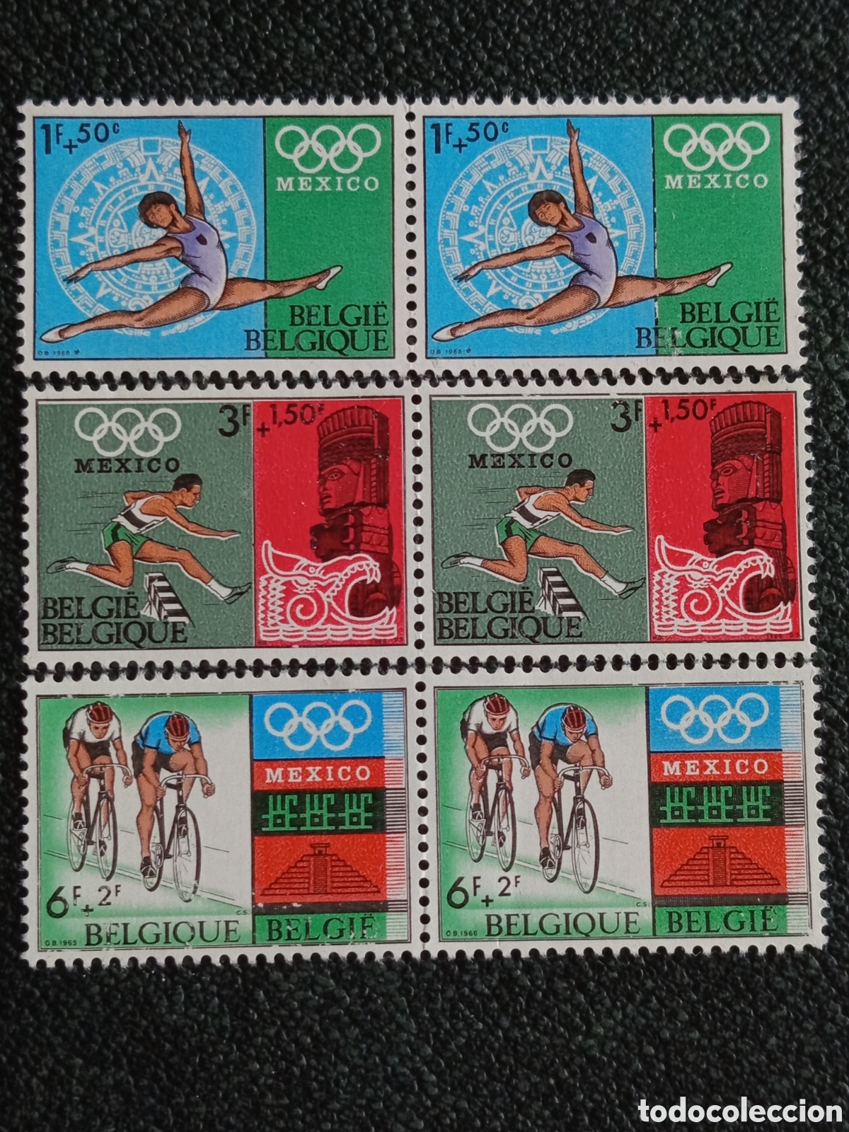 Sellos: B&eacute;lgica 1968 JJOO M&eacute;xico 68 Serie Completa 3 Parejas Horizontales MNH - COB #1469-71