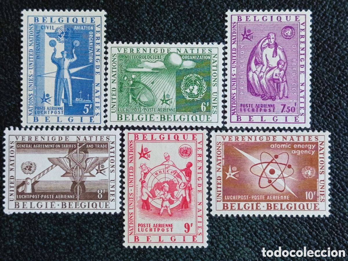 Selos: Serie Completa B&eacute;lgica 1958 Expo Bruselas ONU Correo A&eacute;reo MH Yvert A30 a A35