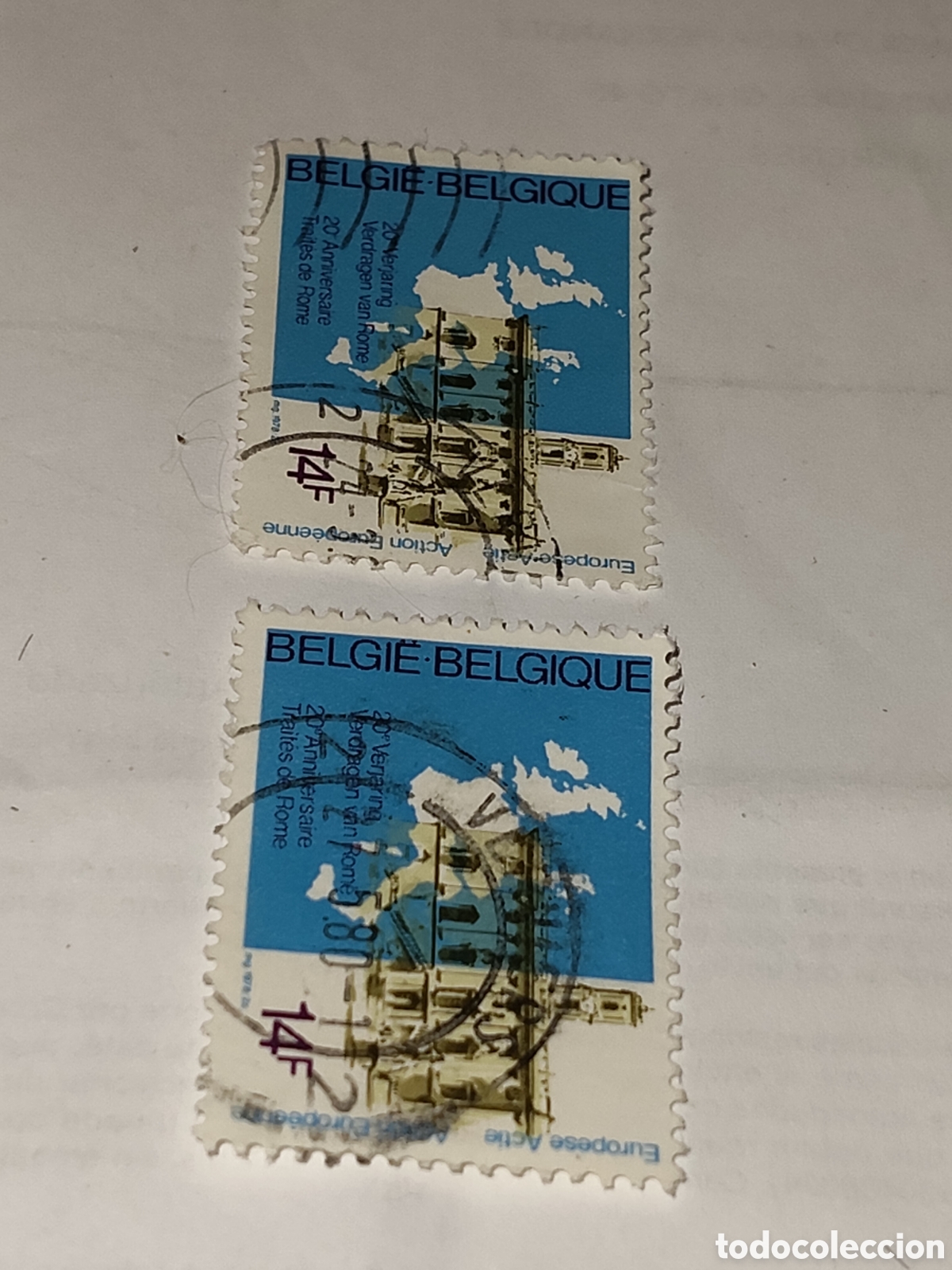 Sellos: 2 sellos de B&eacute;lgica 20 aniversario de los tratados de Roma 1977