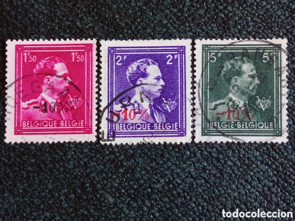 Stamps: Lote 3 Sellos B&eacute;lgica 1946 Rey Leopoldo III Sobrecarga -10% (Michel 742/744)