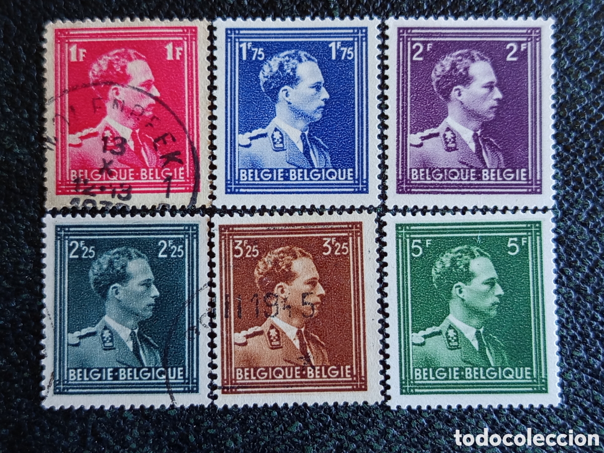 Stamps: Lote 6 Sellos B&eacute;lgica 1944 Rey Leopoldo III Cuello Abierto (Michel 690/696)