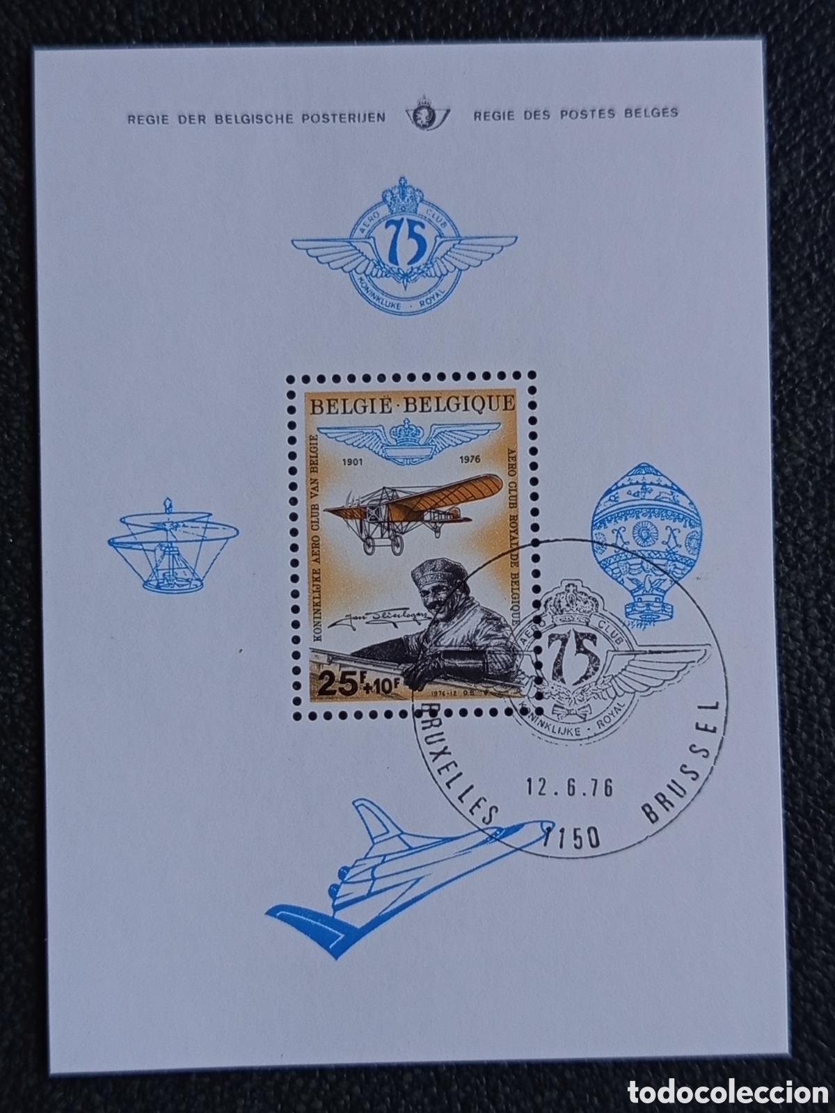 Sellos: B&eacute;lgica 1976 Hojita Bloque HB 49 Real A&eacute;reo Club Matasellada