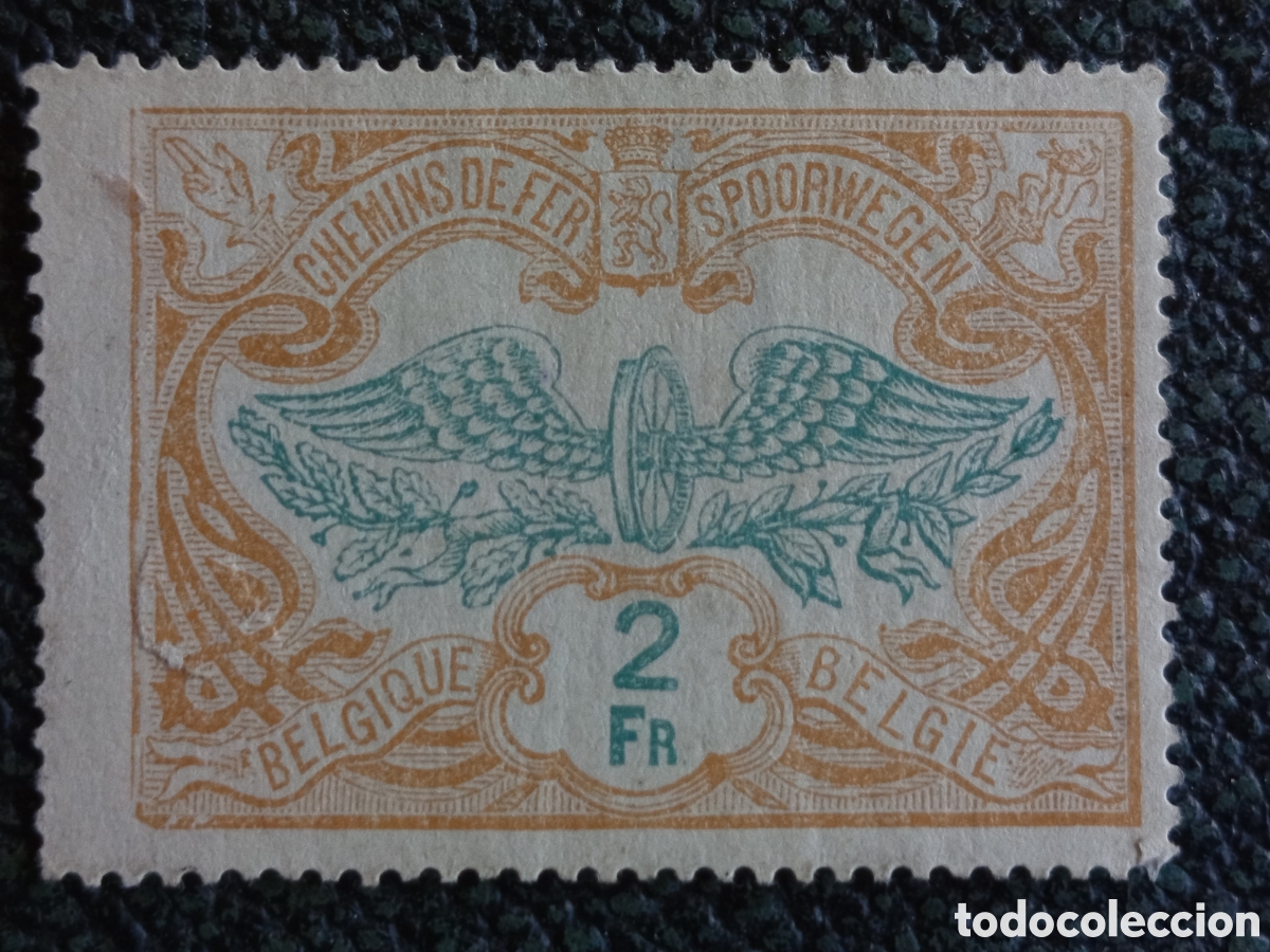 Sellos: Sello B&eacute;lgica Ferrocarriles 1923 Rueda Alada 2Fr Ocre Azul Michel TR38 MH