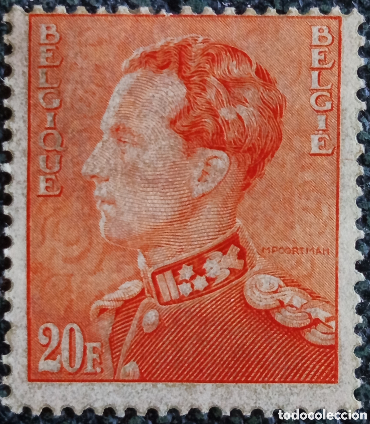 Sellos: Sello B&eacute;lgica 1936 Rey Leopoldo III Tipo Poortman 20 Francos - Cat. Michel 425 MH