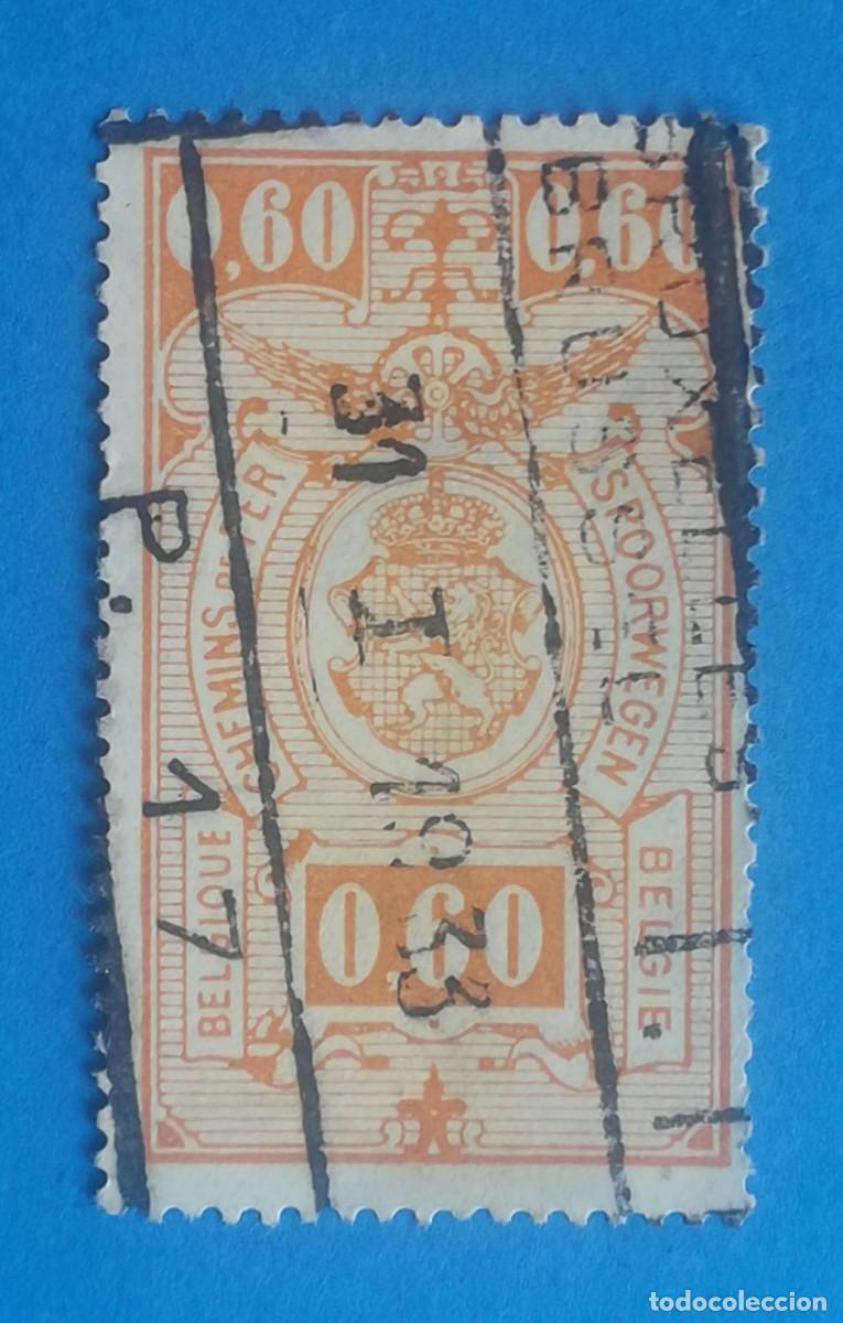 Sellos: Sello correos ferroviario de B&eacute;lgica 1923, de 0,60 francos. Color amarillo.