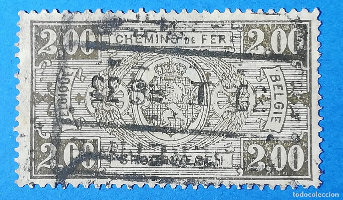Sellos: Sello correos ferroviario de B&eacute;lgica 1923, de 2,00 francos. Color Verde oliva.