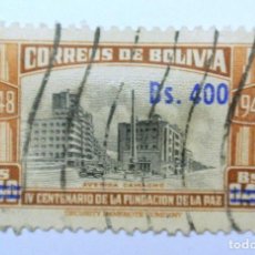 Sellos: SELLO POSTAL BOLIVIA 1951, 400 BS , IV CENTENARIO DE LA FUNDACION DE LA PAZ , OVERPRINT, USADO. Lote 149855538