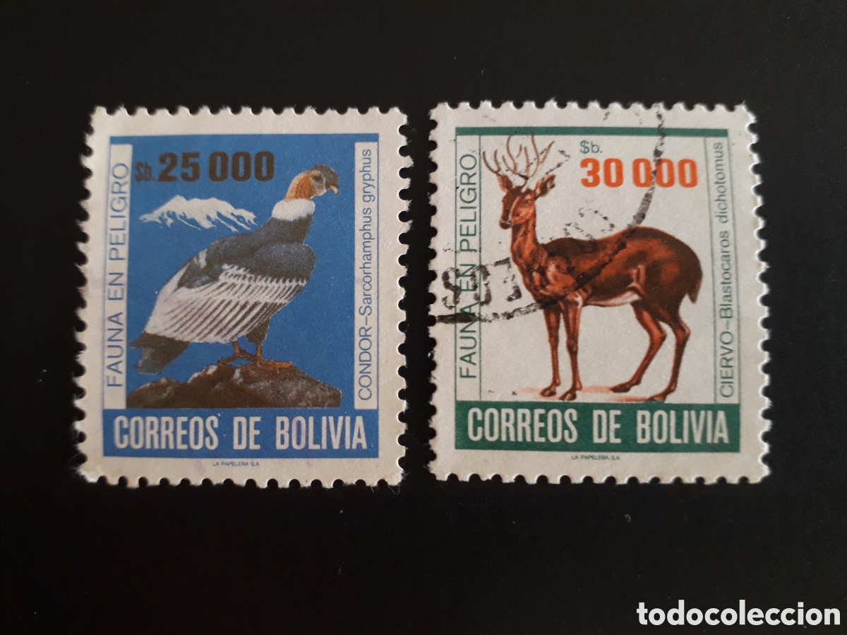 Sellos: BOLIVIA YVERT 658/9 SERIE COMPLETA USADA 1985 FAUNA CIERVO C&Oacute;NDOR AVES PEDIDO M&Iacute;NIMO 3&euro;
