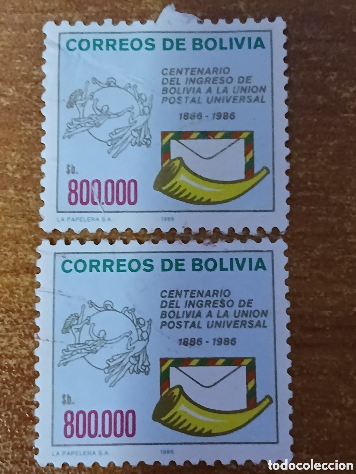 Sellos: 2 Sello Boliva Centenario Entrada en Uni&oacute;n Universal -1.986-