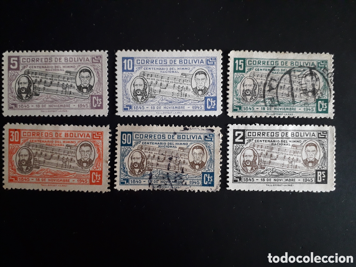 Stamps: BOLIVIA YVERT 277/82 SERIE COMPLETA USADA 1946 HIMNO NACIONAL, M&Uacute;SICA PEDIDO M&Iacute;NIMO 3&euro;