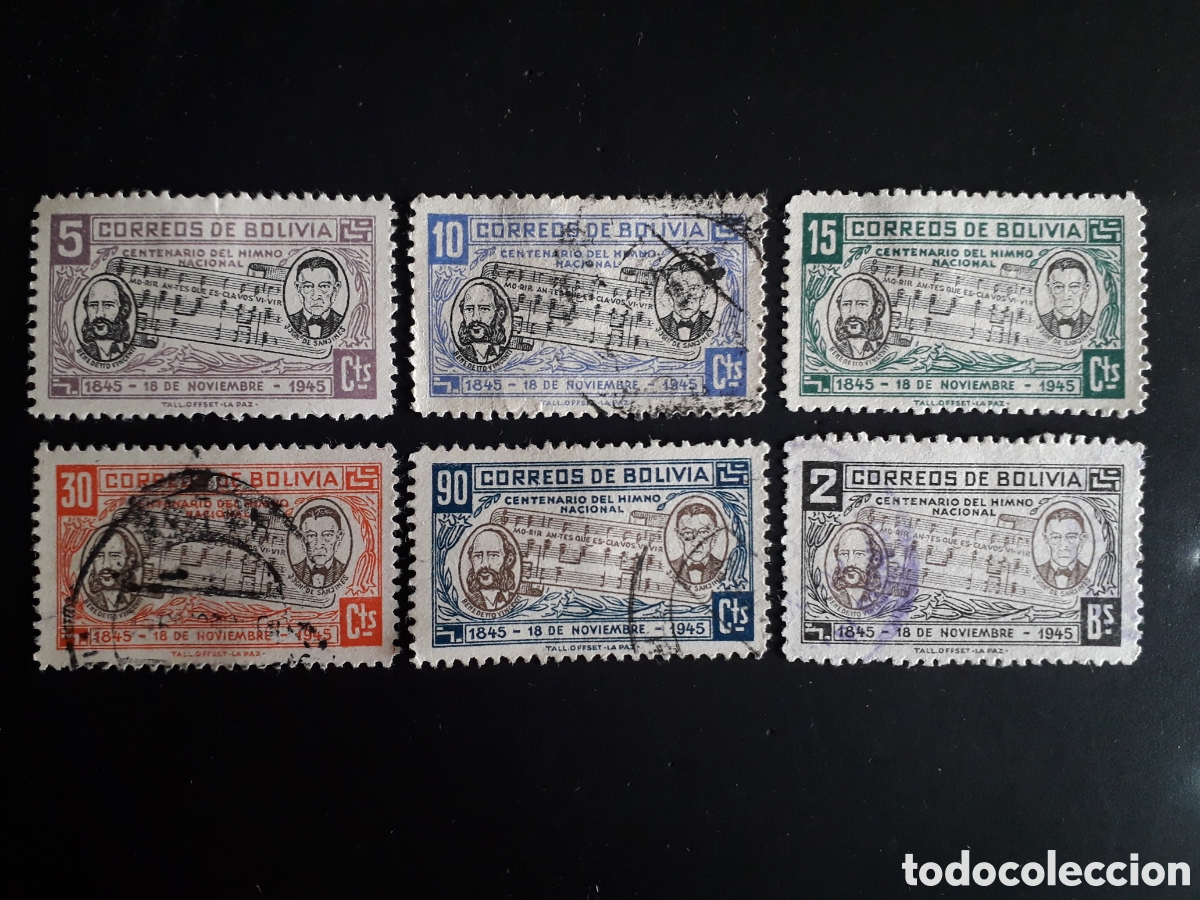 Sellos: BOLIVIA YVERT 277/82 SELLO SUELTO USADO 1946 HIMNO NACIONAL, M&Uacute;SICA PEDIDO M&Iacute;NIMO 3&euro;