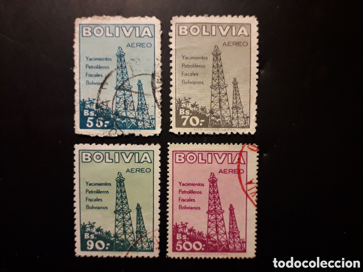 Sellos: BOLIVIA YVERT A 159/62 SIN 163 SERIE CORTA USADA 1955 INDUSTRIA PETROLERA PETROLEO PEDIDO M&Iacute;NIMO 3&euro;