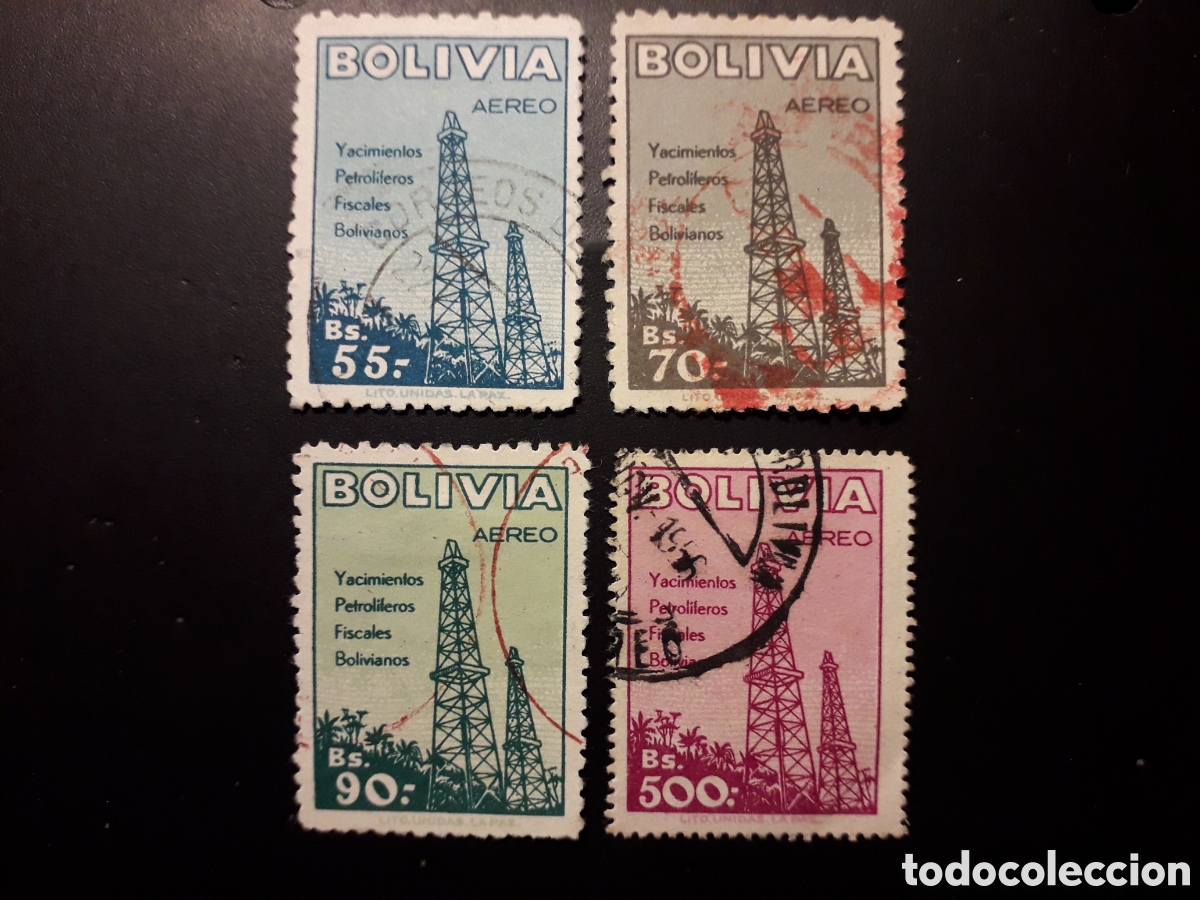 Sellos: BOLIVIA YVERT A 159/62 SIN 163 SERIE CORTA USADA 1955 INDUSTRIA PETROLERA PETROLEO PEDIDO M&Iacute;NIMO 3&euro;