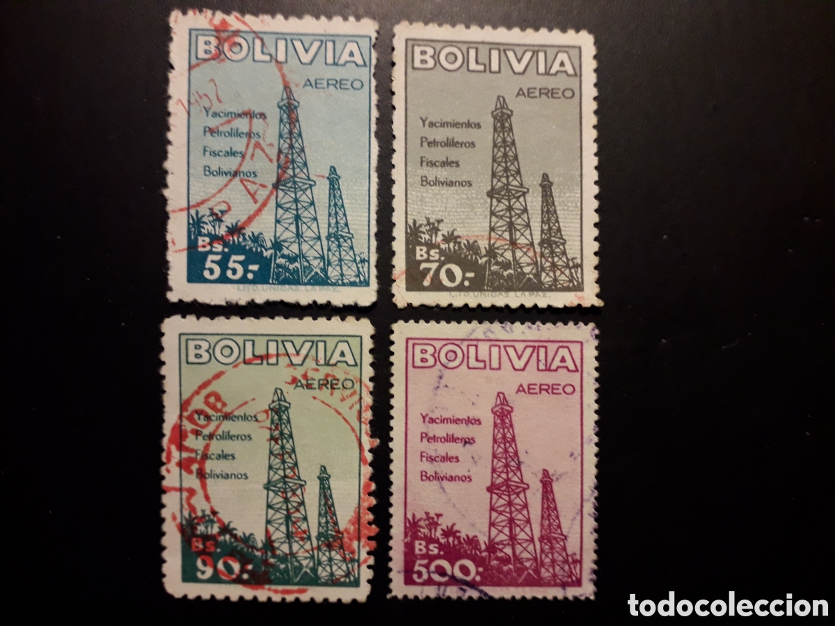 Sellos: BOLIVIA YVERT A 159/62 SIN 163 SERIE CORTA USADA 1955 INDUSTRIA PETROLERA PETROLEO PEDIDO M&Iacute;NIMO 3&euro;