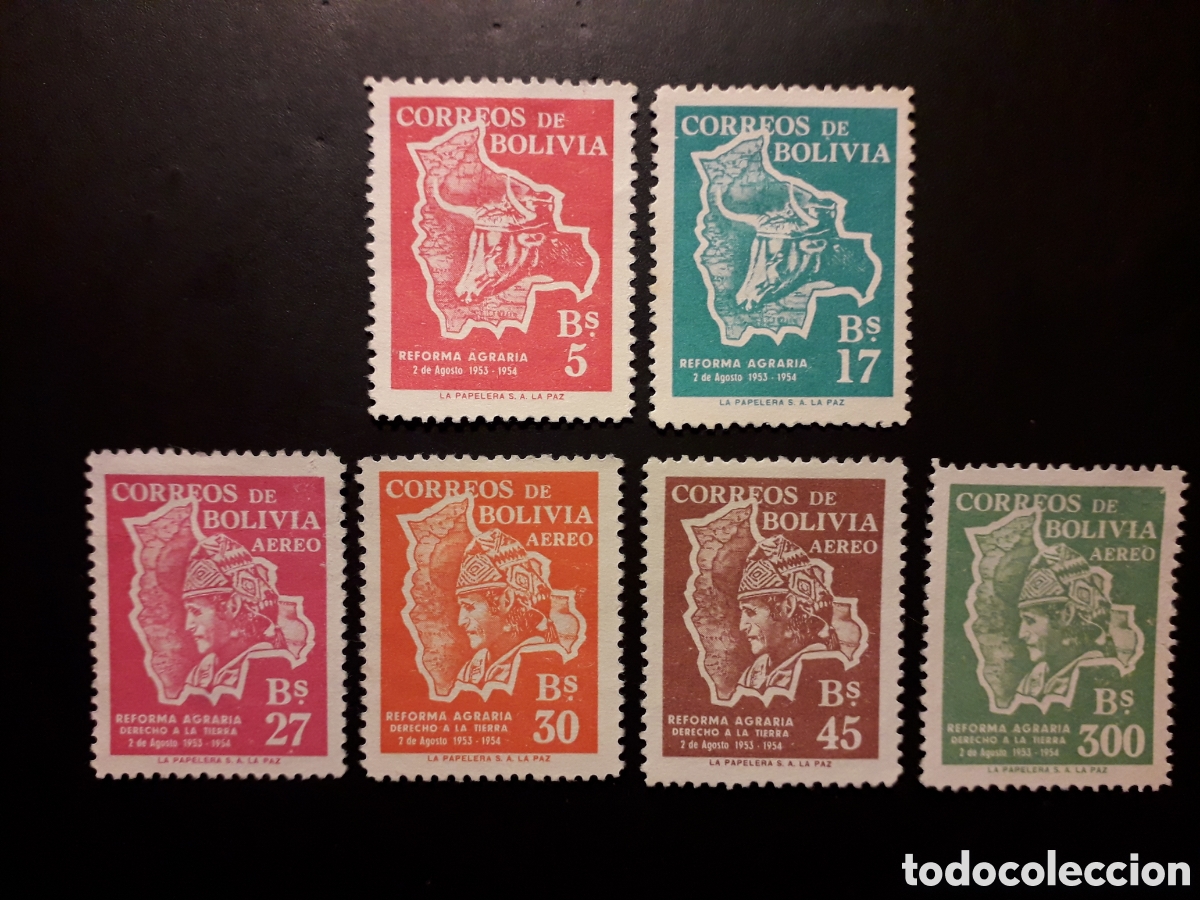 Sellos: BOLIVIA YVERT 353/4 + A 155/8 SERIE COMPLETA SIN GOMA 1954 MAPAS, AGRICULTURA PEDIDO M&Iacute;NIMO 3&euro;