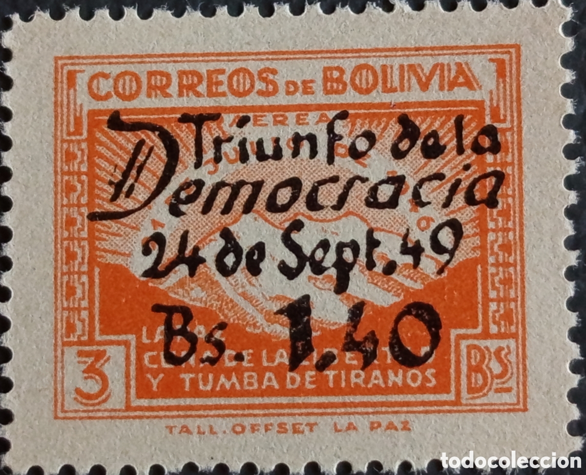 Sellos: Bolivia 1950 A&eacute;reo Sobrecarga Triunfo Democracia Bs.1.40 MH Correos Bolivia