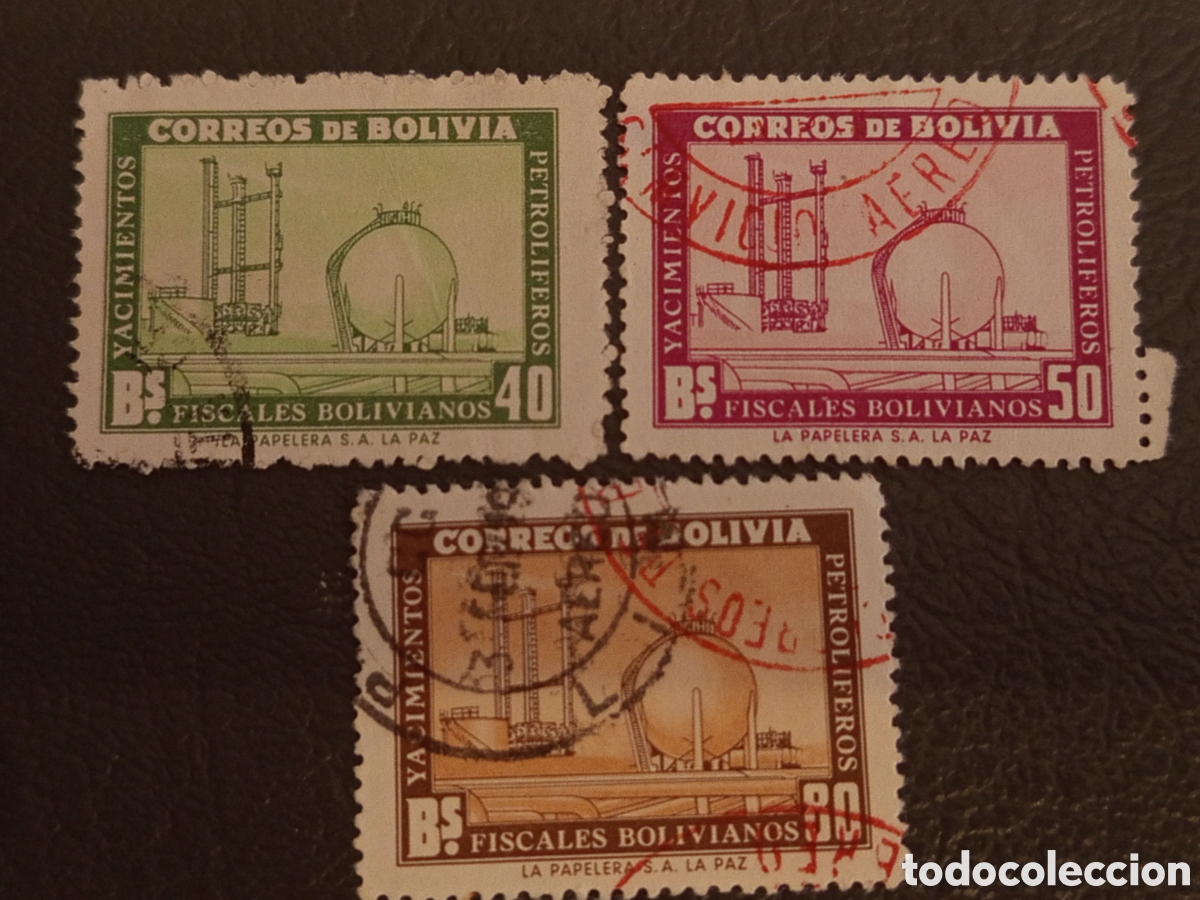 Sellos: Lote 3 Sellos Bolivia 1954 YPFB Petr&oacute;leo Usados Michel 521/523