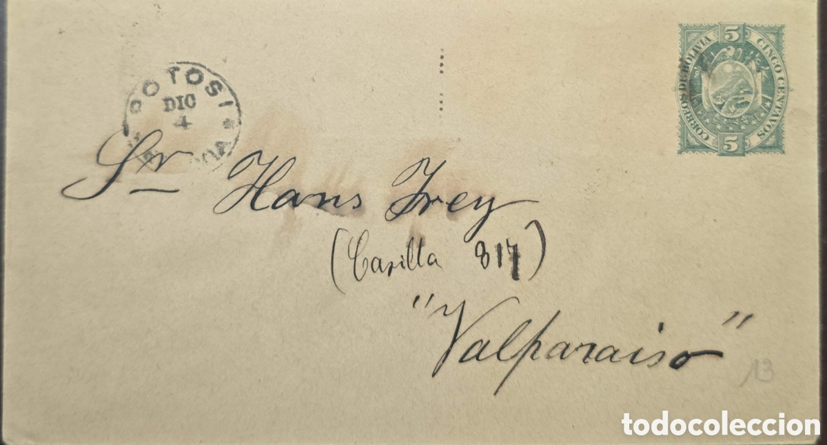 Sellos: CA)Bolivia Circa 1897 - 1901. Postal stationery, cover from Potos&iacute;, Bolivia, sent to Valpara&iacute;so,