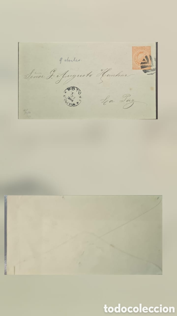 Sellos: CA)Bolivia + 1860s + Classic Cover + Handwritten envelope from Potos&iacute; with &ldquo;9 reales&rdquo; notation, oran