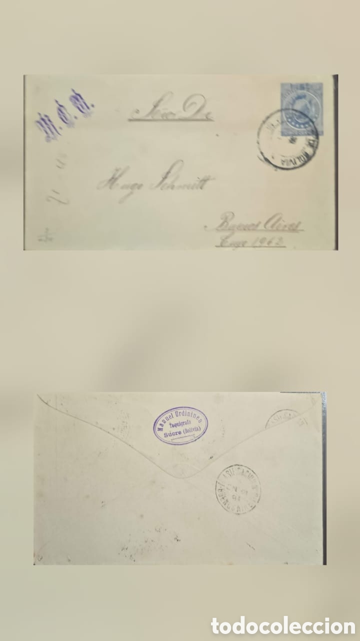 Sellos: CA)Bolivia + 1903 + Historic Cover + Blue stamp envelope from Sucre with oval sender&rsquo;s cachet &ldquo;Manue