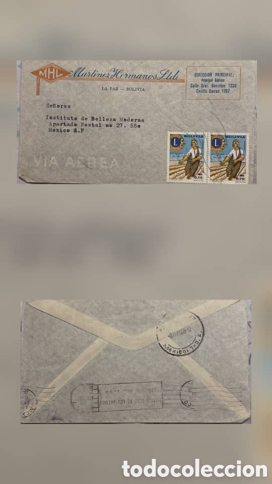 Sellos: CA)Bolivia + 1970s + Industry & Airmail + Envelope from La Paz to Mexico City with stamps showing lu