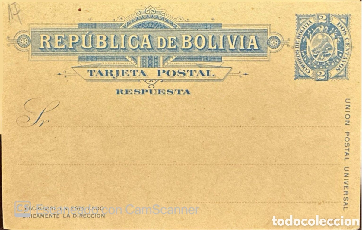 Sellos: CA)Bolivia + 1895 + Postal History + Beige reply postal card with blue &ldquo;REP&Uacute;BLICA DE BOLIVIA TARJETA