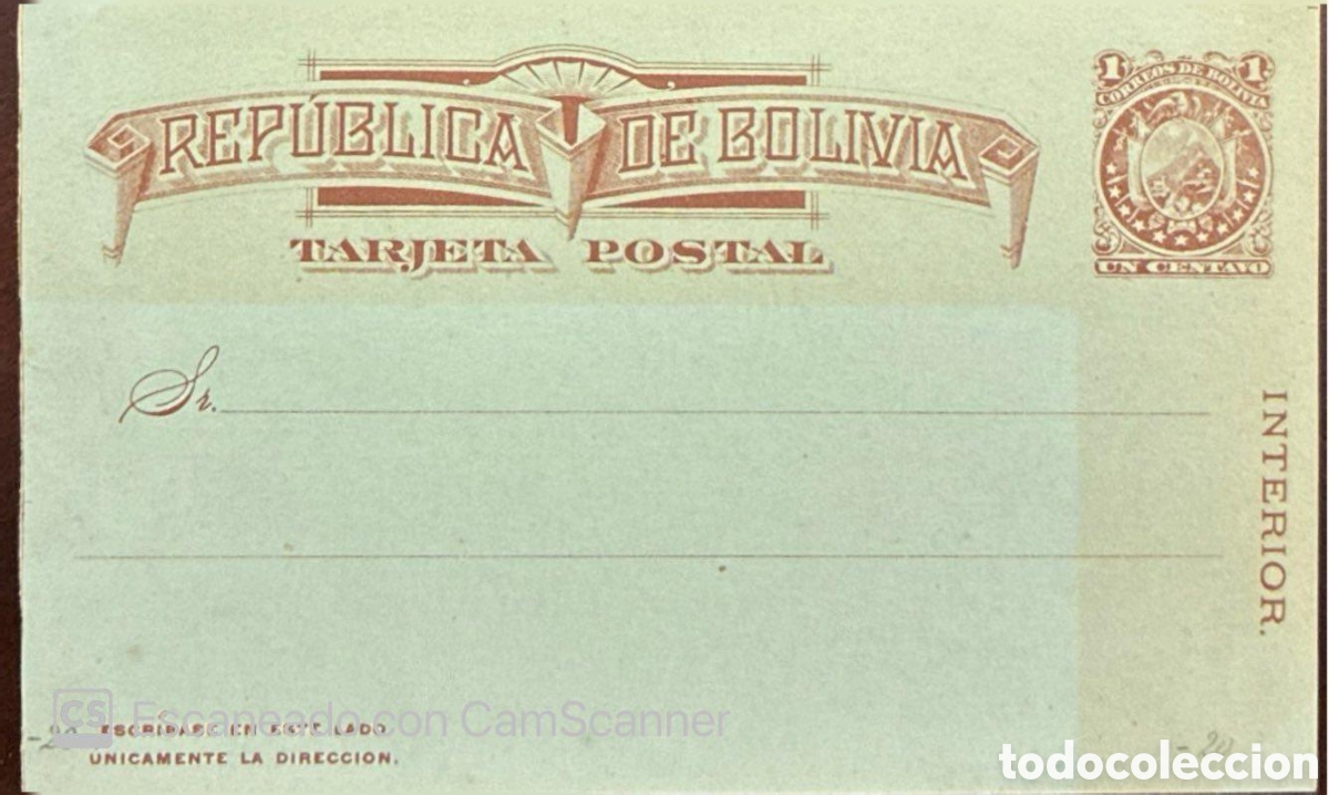 Sellos: CA)Bolivia + 1900s (c.1905) + Postal History + Light greenish card with brown-red print, &ldquo;REP&Uacute;BLICA