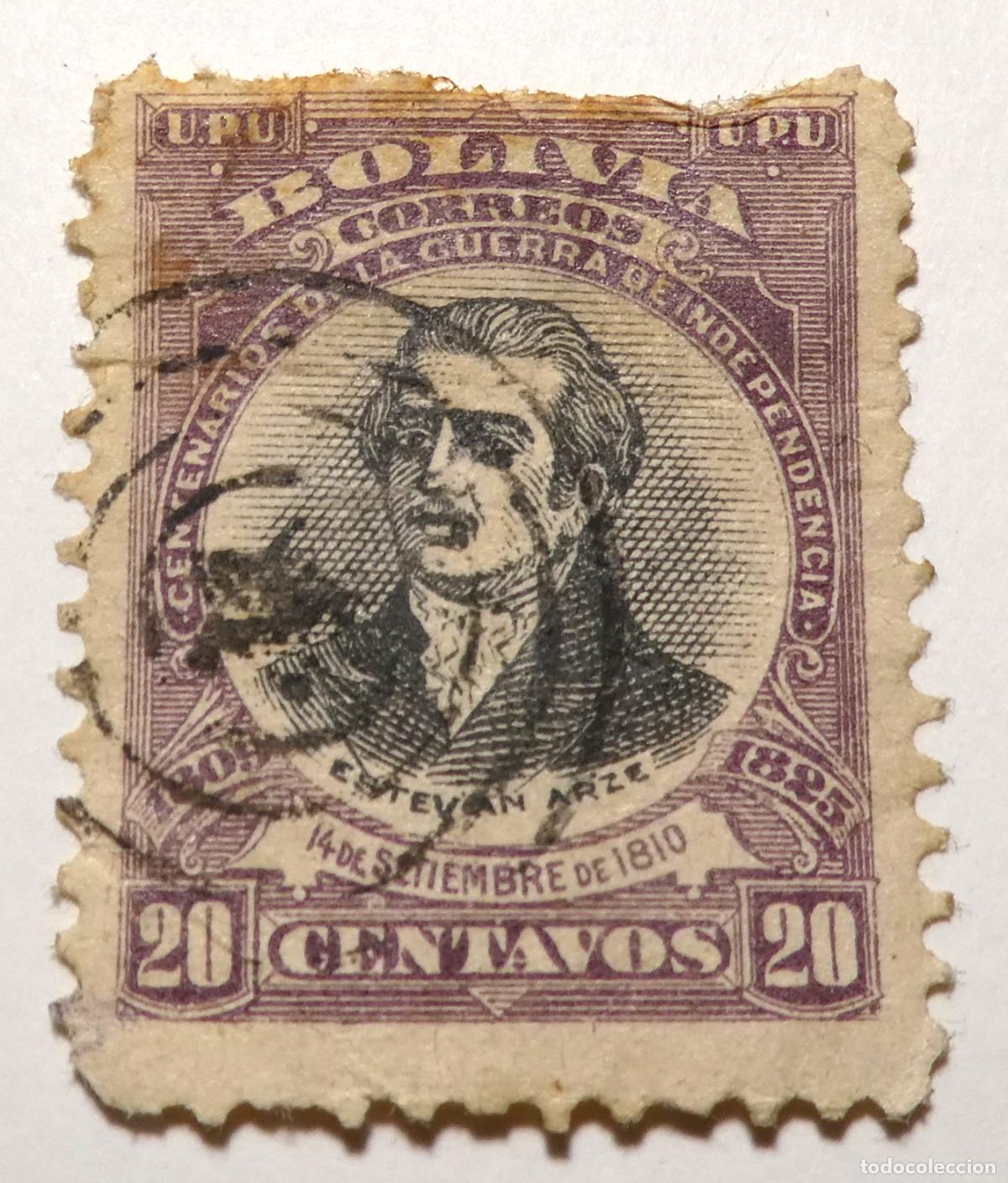Sellos: Sello postal de Bolivia 20 centavos de 1909, revolucionario y coronel Est&eacute;ban Arze