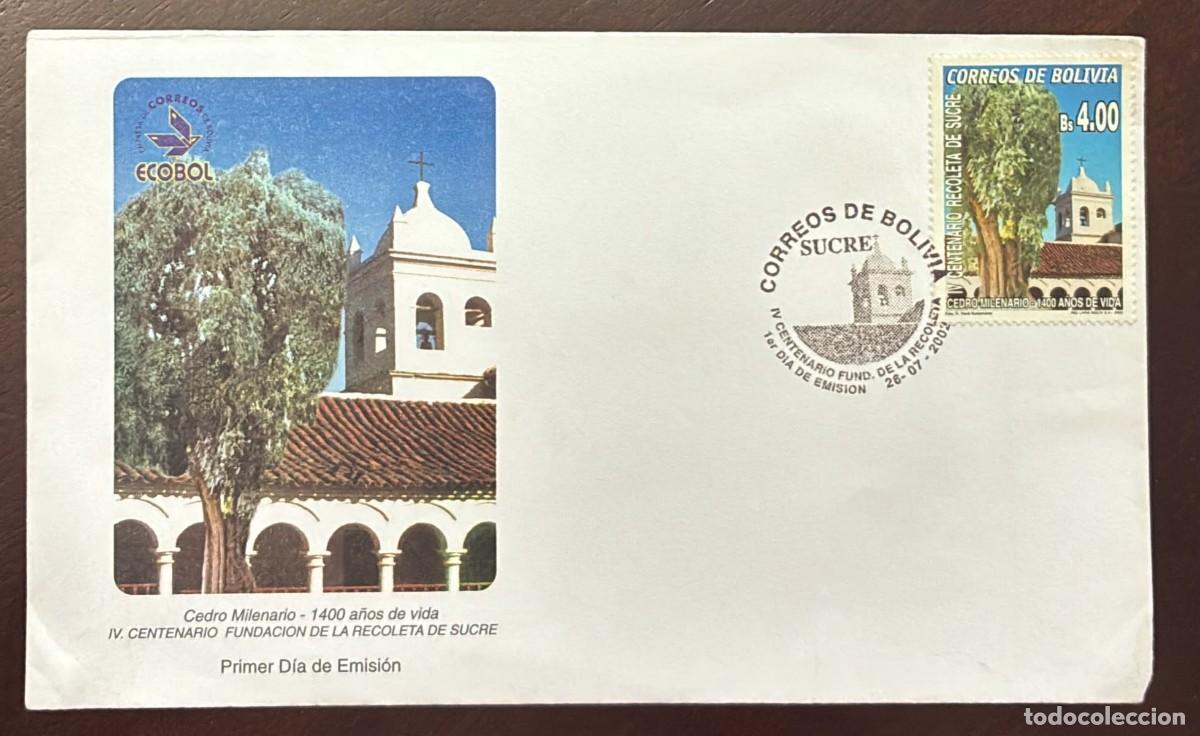 Sellos: TS.)2002, BOLIVIA, SOBRE DE PRIMER DIA DE EMISION, PREIMPRESO CONMEMORATIVO IMAGEN DEL ANTIGUO ARBOL
