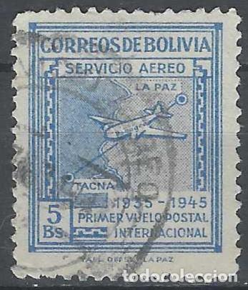Sellos: BOLIVIA 1945 - 10&ordm; ANIV. DEL 1&ordm; VUELO POSTAL INTERNACIONAL LA PAZ-TACNA, A&Eacute;REO, AZUL - USADO