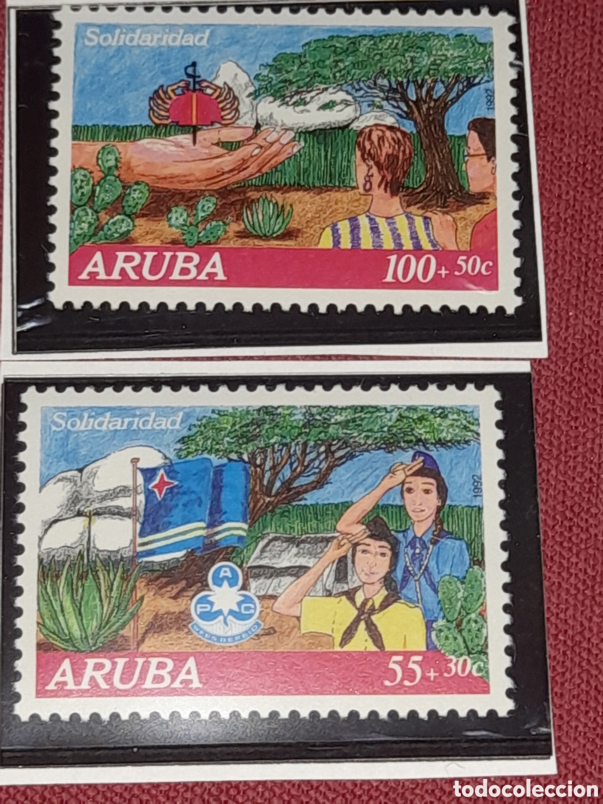 Sellos: Sello Aruba nuevo 1992. Solidaridad. Boy scoust. Organizaciones. Naturaleza. &Aacute;rbol. Cactus. Bandera.