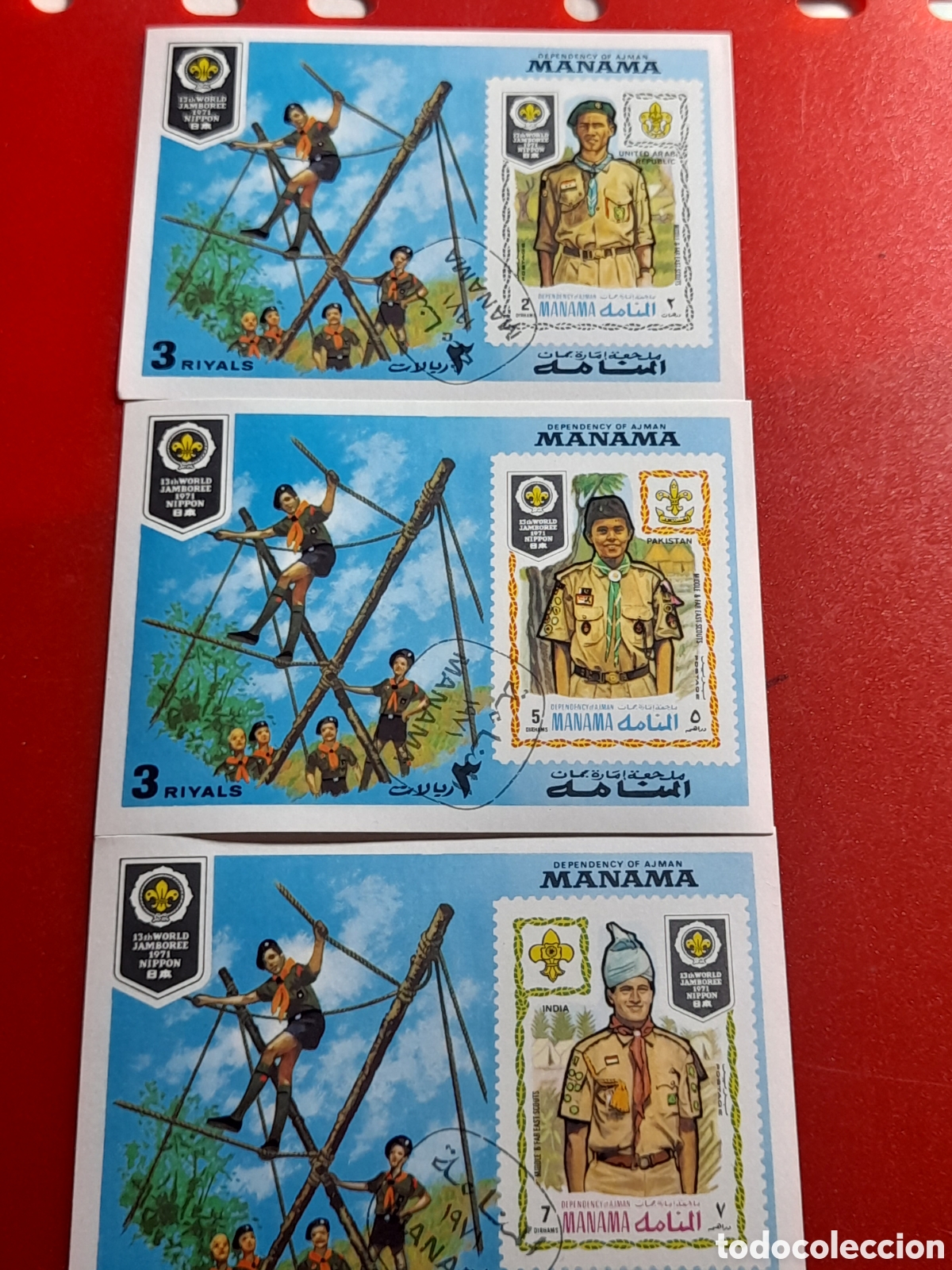 Sellos: HB (3/10v) Manama (E.A.U) mtdo 1971. Movimiento Boy Scout. Uniformes. Naturaleza. Organizaciones..