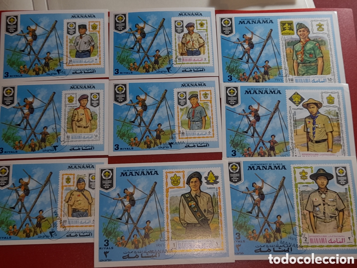 Sellos: HB (3/10v) Manama (E.A.U) mtdo 1971. Movimiento Boy Scout. Uniformes. Naturaleza. Organizaciones Jam