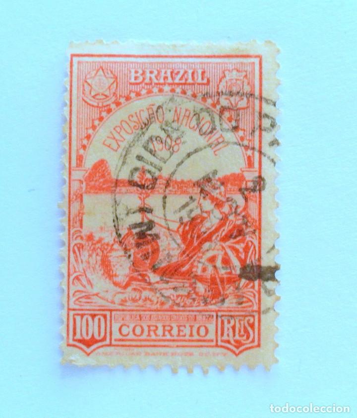 Sellos: ANTIGUO Sello postal BRASIL 1908, 100 Rs, EXPOSICIÓN NACIONAL 1908, CONMEMORATIVO, USADO - Foto 1 - 151024510