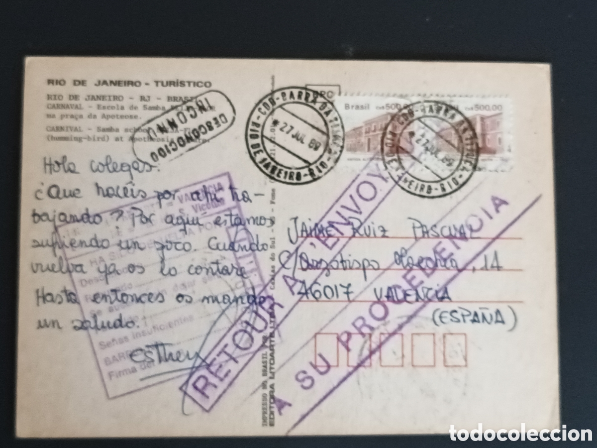 Sellos: BRASIL. POSTAL FRANQUEADA Y DEVUELTA A SU PROCEDENCIA. - Foto 1